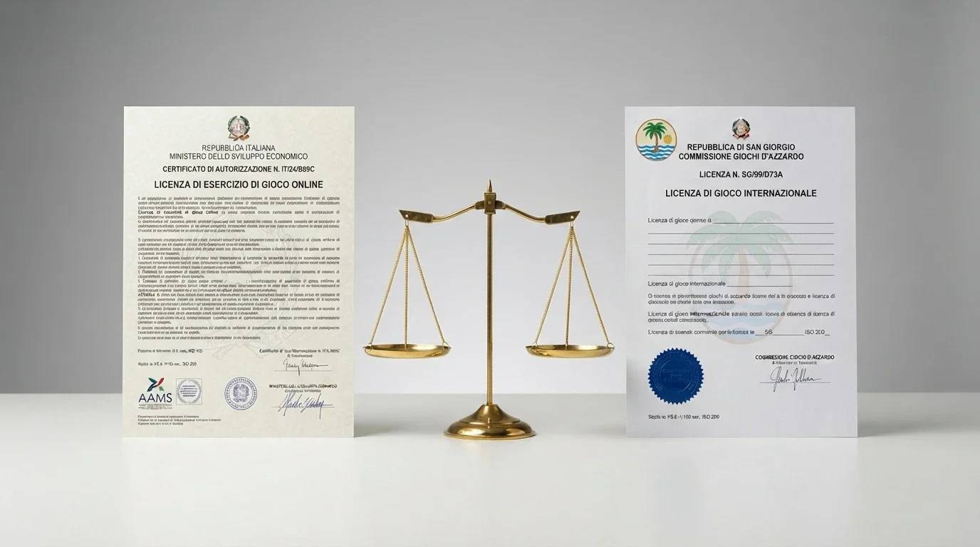 Un documento ufficiale con timbro ADM accanto a un certificato di licenza Curaçao, bilancia sullo sfondo