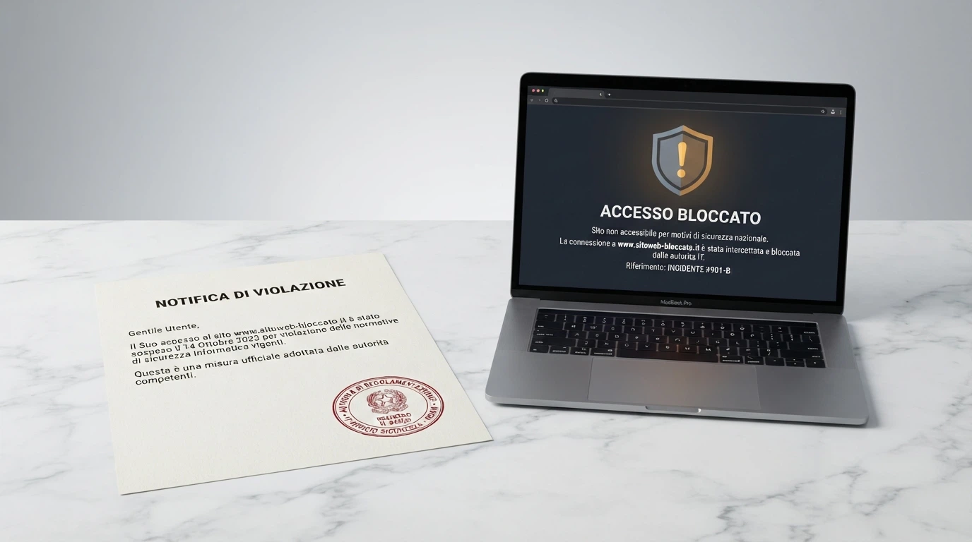 Un documento ufficiale con timbro ADM accanto a uno schermo che mostra un casinò online bloccato