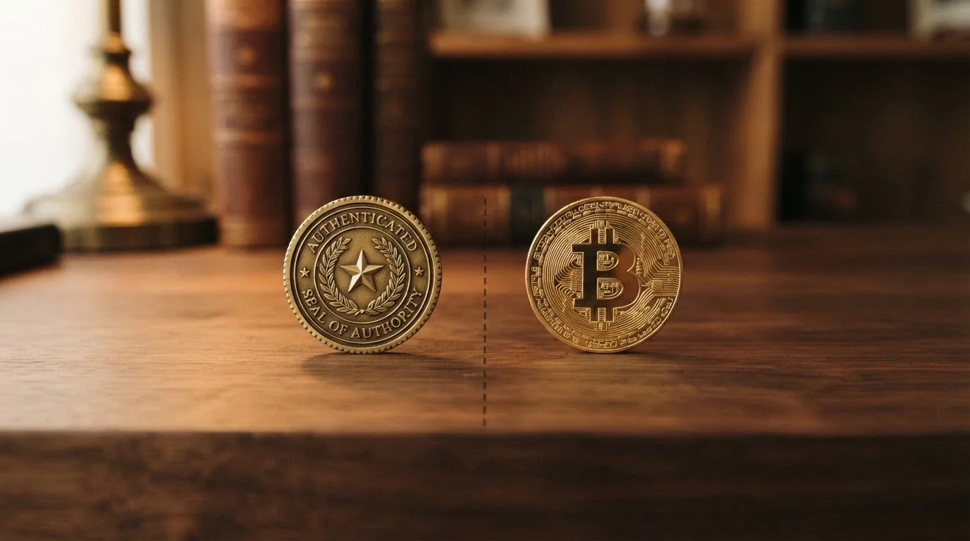 Un sigillo ufficiale ADM affiancato da una moneta Bitcoin, separati da una linea tratteggiata che divide lo schermo