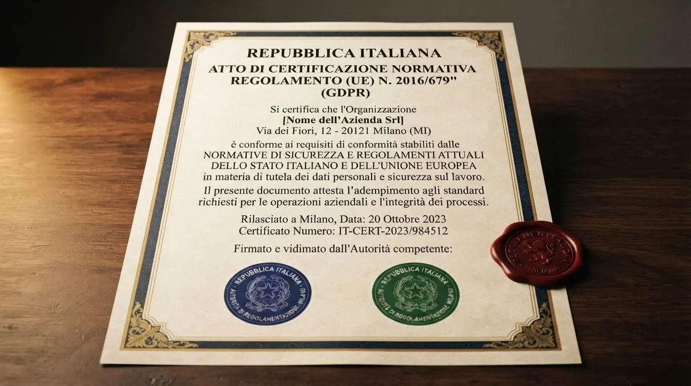 Un certificato di licenza di gioco stilizzato con i loghi di MGA e Curaçao eGaming, affiancato al testo del D.Lgs. 496/1948.