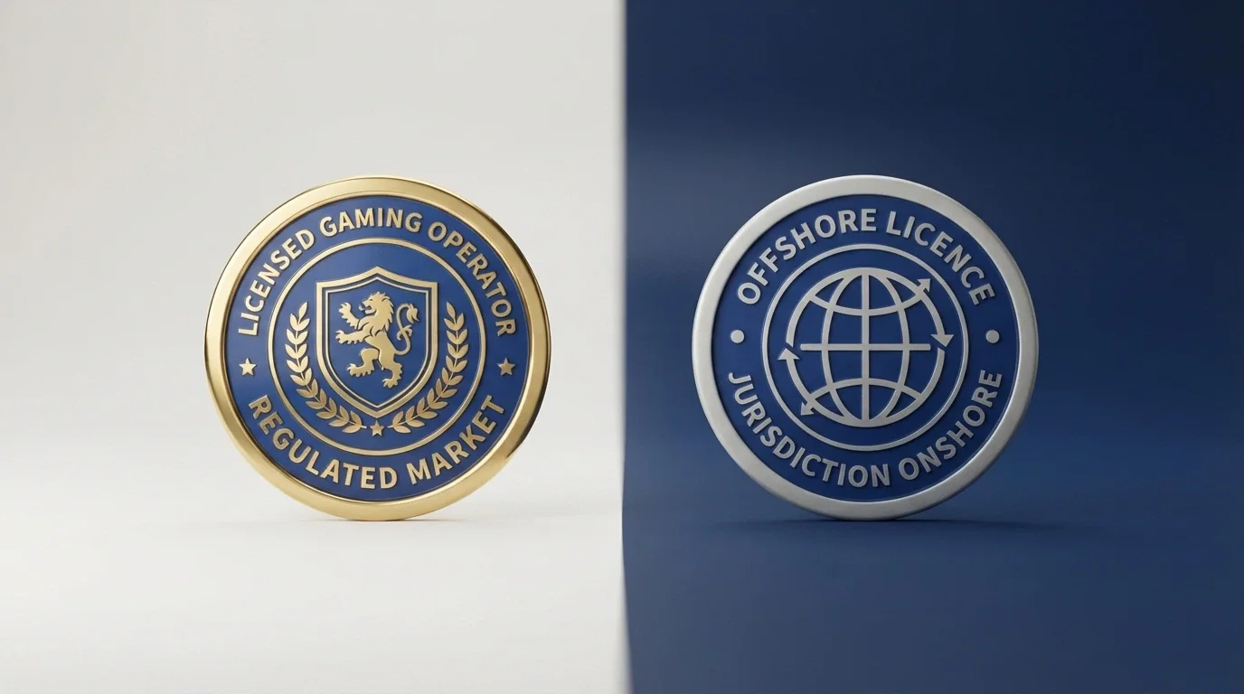 Due badge affiancati: il logo ADM su sfondo chiaro e un badge licenza Curaçao su sfondo scuro