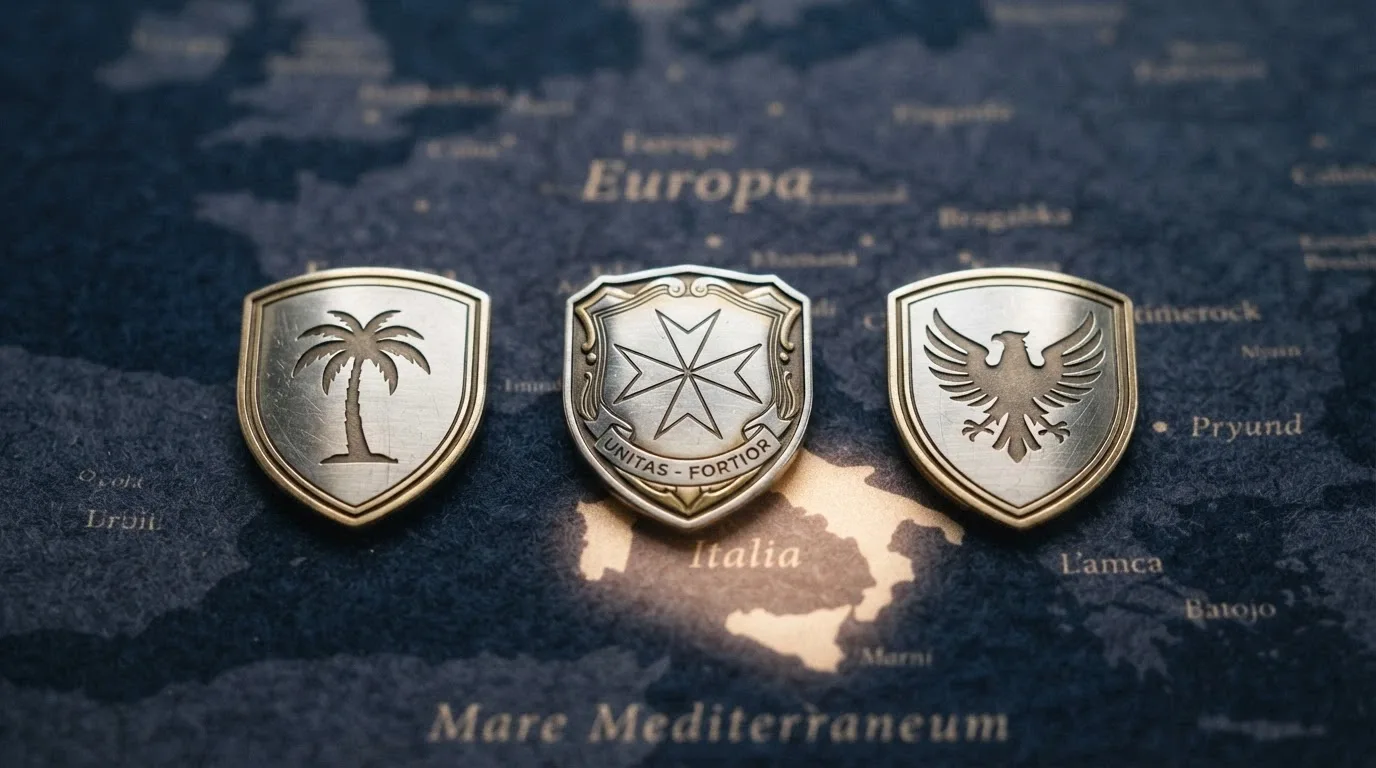 Tre distintivi di licenza affiancati — Curaçao eGaming, MGA Malta Gaming Authority, ADM Agenzia delle Dogane e dei Monopoli — disposti su una mappa dell'Europa che evidenzia l'Italia