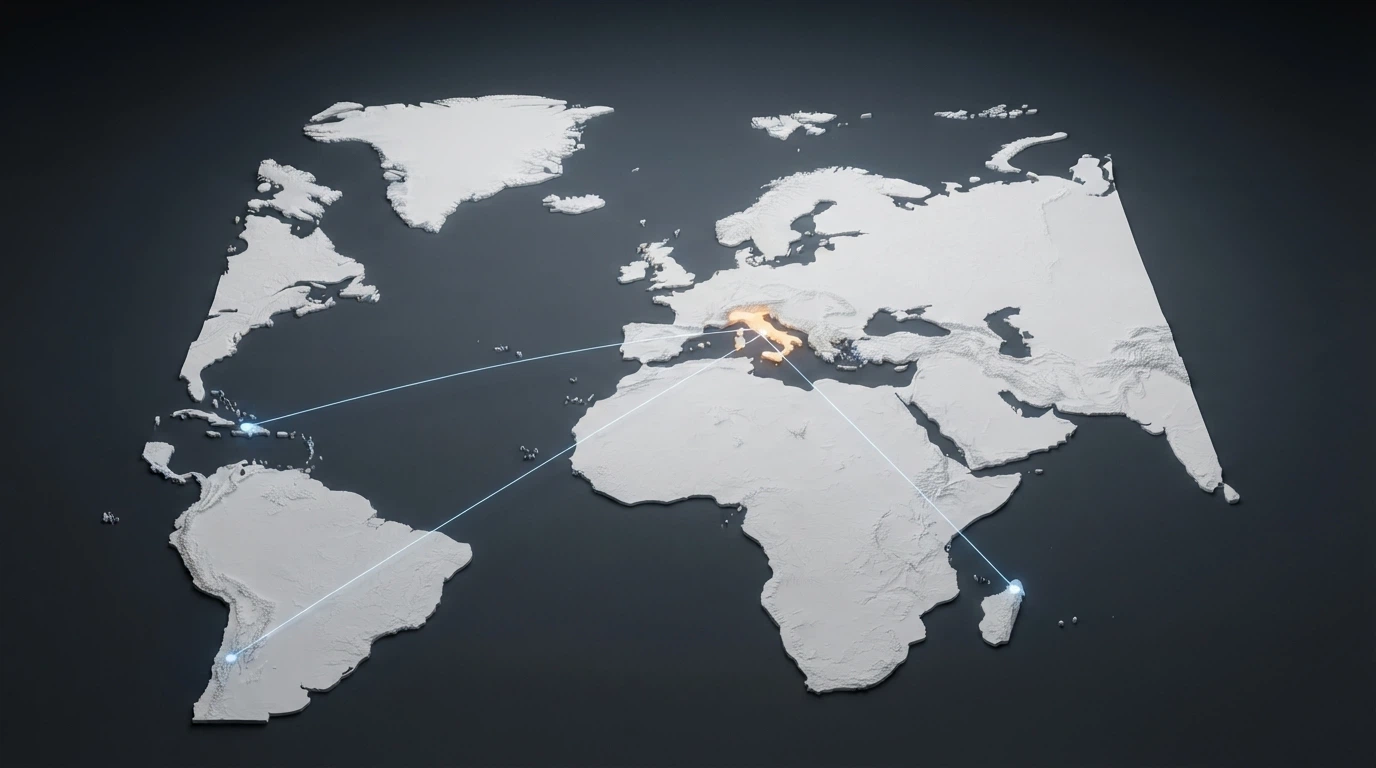 Una mappa stilizzata dell'Europa con l'Italia evidenziata, e tre linee che la collegano ad altrettante giurisdizioni: Curaçao, Anjouan e Costa Rica.