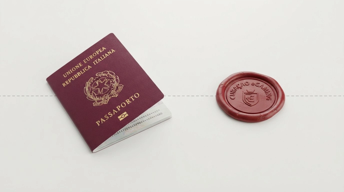 Un passaporto italiano aperto accanto a un sigillo con la scritta «Curaçao eGaming», separati da una linea tratteggiata su sfondo bianco