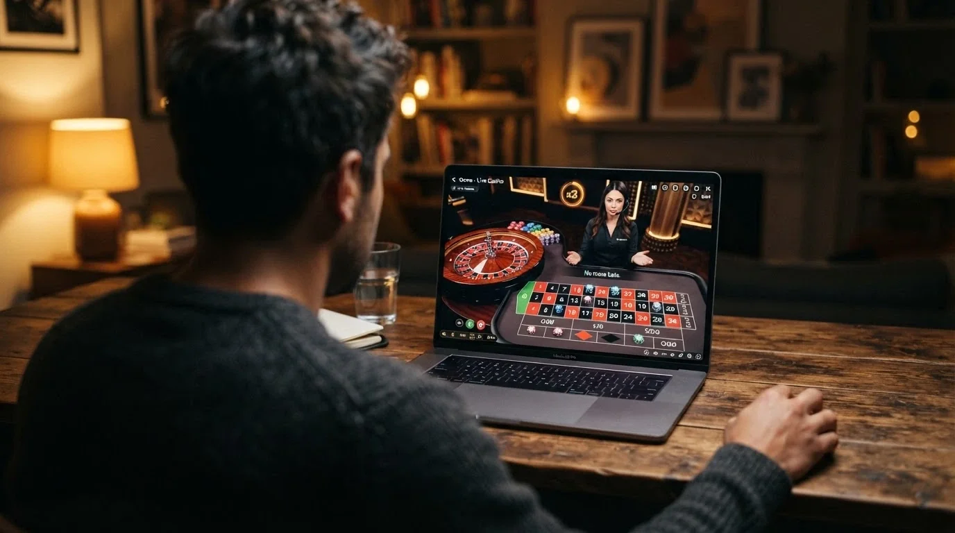 Un tavolo di roulette live con croupier dal vivo, sullo schermo l'interfaccia di gioco con moltiplicatori e il simbolo BNB nell'angolo