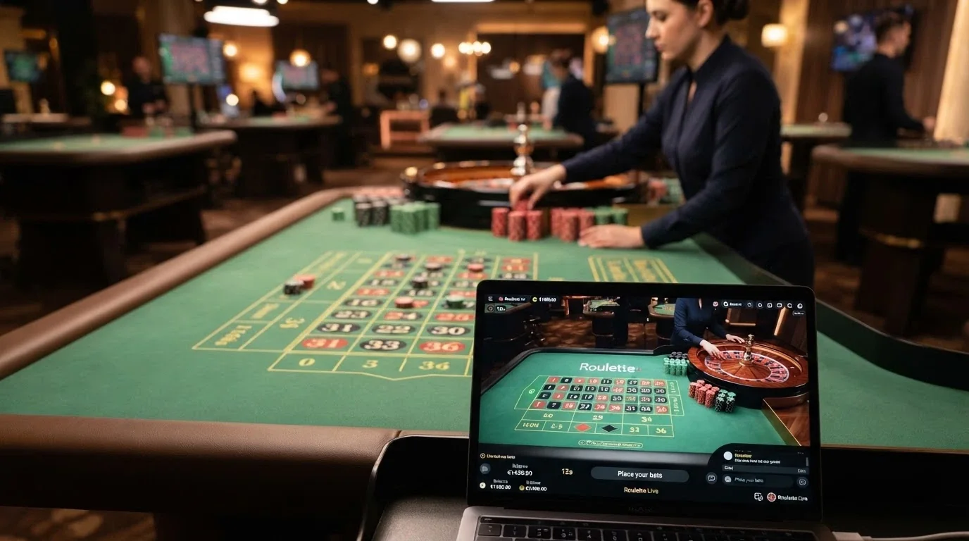 Un tavolo da live casino con croupier inquadrato e l'interfaccia di gioco visibile sullo schermo