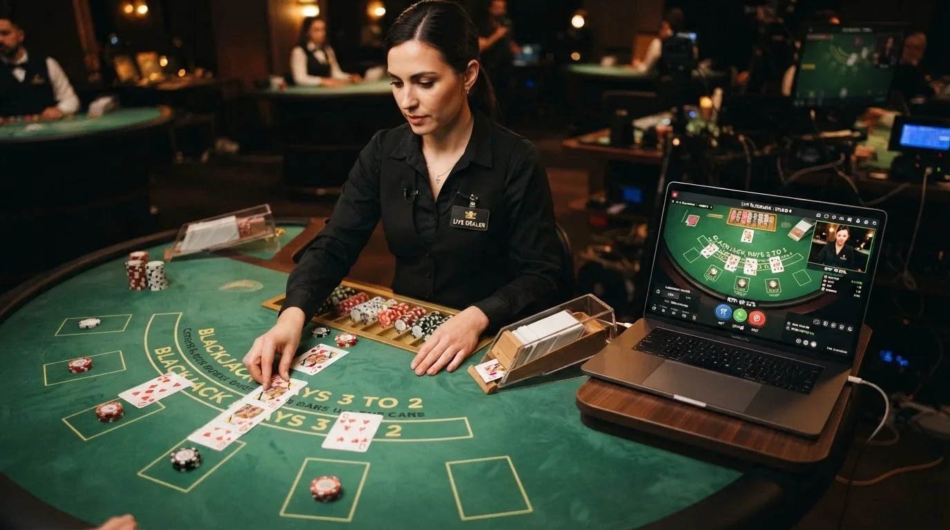 Un tavolo da blackjack live con croupier in streaming, con l'interfaccia di gioco che mostra le percentuali RTP del tavolo.