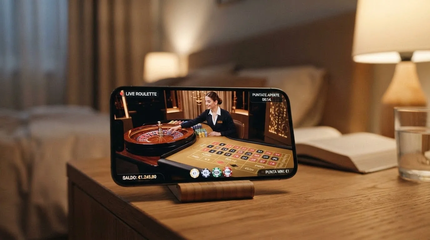 iPhone con un tavolo di live dealer in streaming, croupier visibile e interfaccia di puntata touch