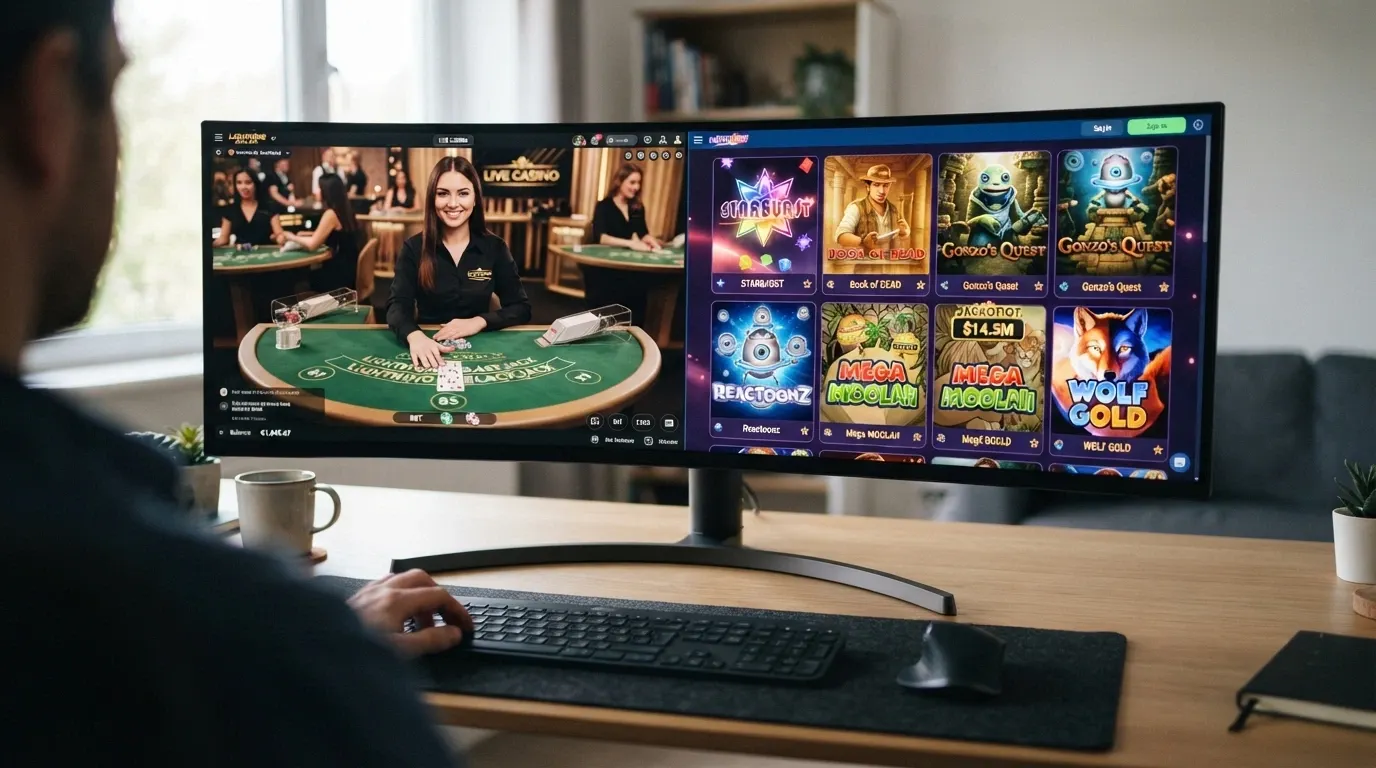 Lobby di un casinò online con sezioni distinte: tavoli live con croupier a sinistra, slot BTG in evidenza a destra