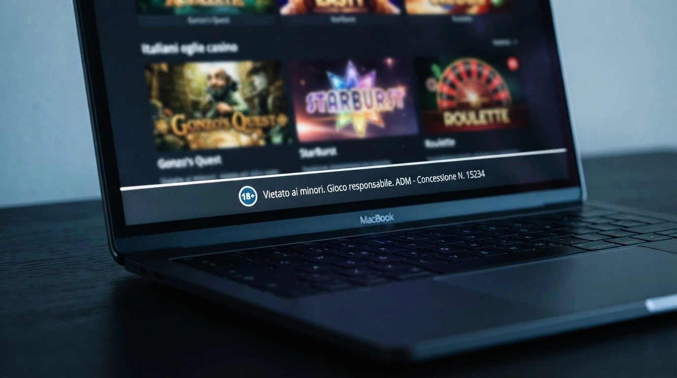 Primo piano del footer di un casinò autorizzato con il logo ADM, il numero di concessione e il link al registro ufficiale