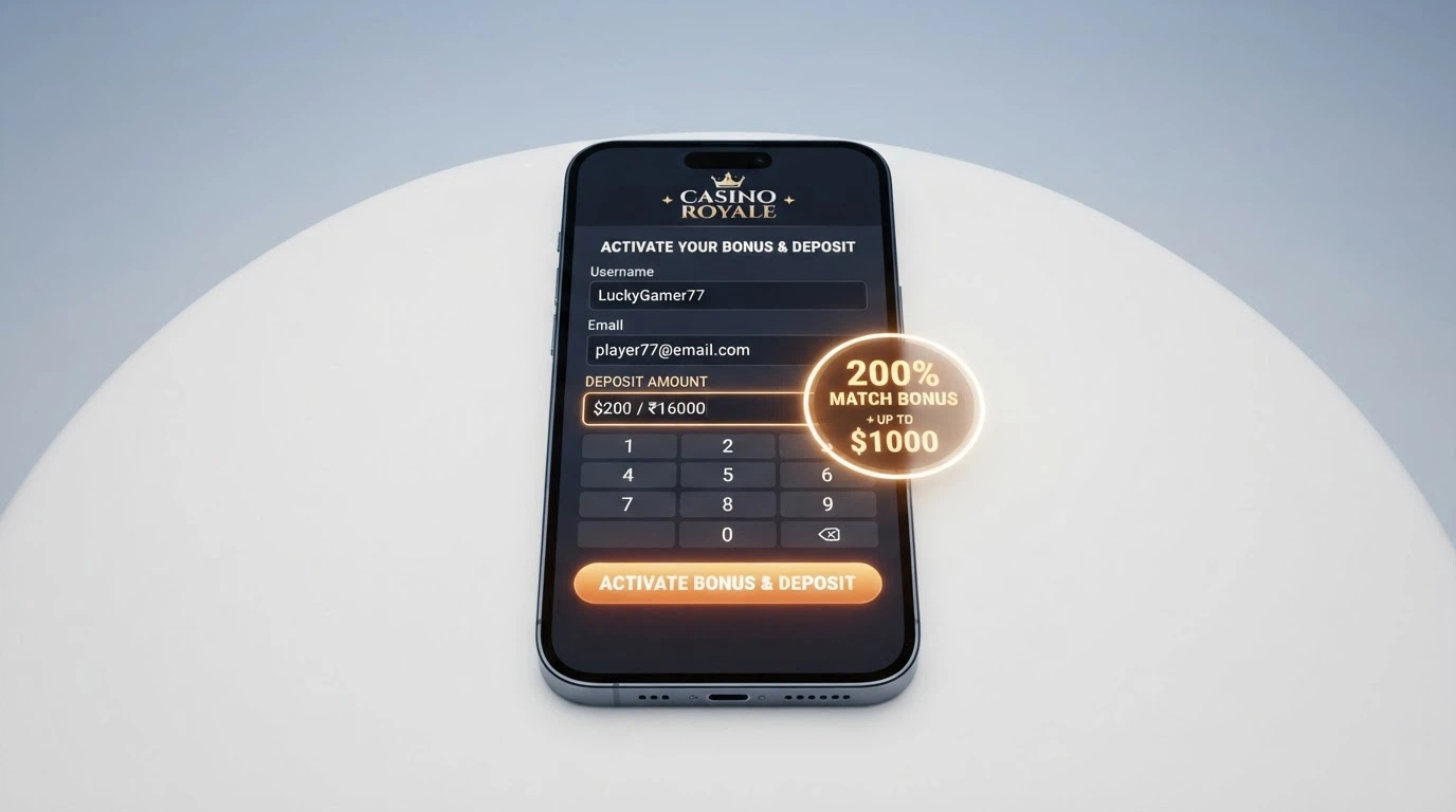 La schermata di registrazione di un casinò online con il campo del primo deposito e il riquadro del bonus di benvenuto in evidenza