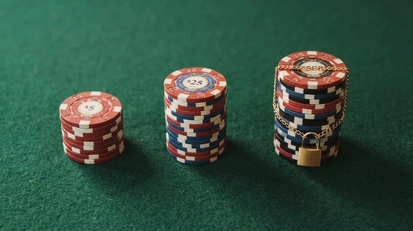Infografica che mostra tre pile di fiches: una da €100 etichettata «Deposito», una da €200 etichettata «Bonus», e una terza da €300 con un lucchetto che indica «Saldo vincolato»