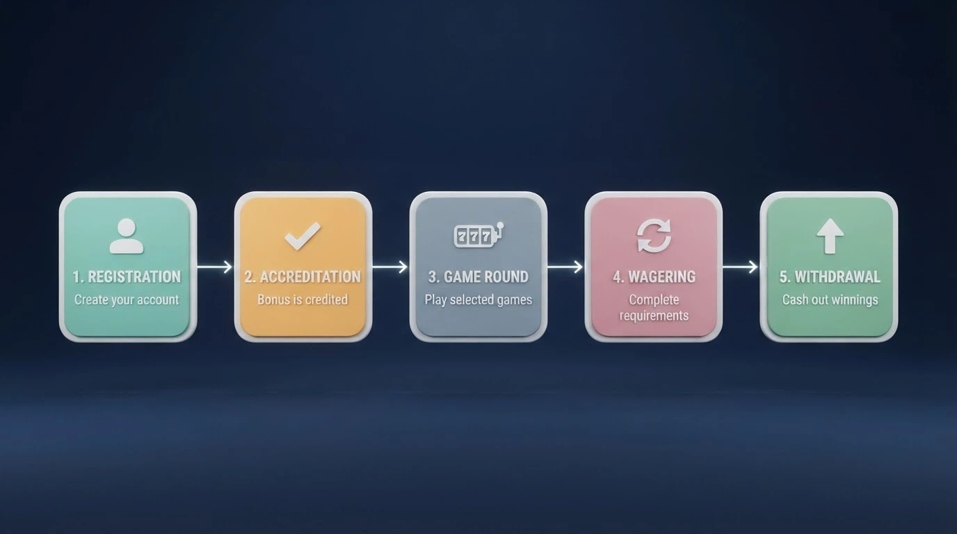 Schema visivo che mostra il flusso di un free spin senza deposito: registrazione, accredito, giro, requisito di puntata, prelievo
