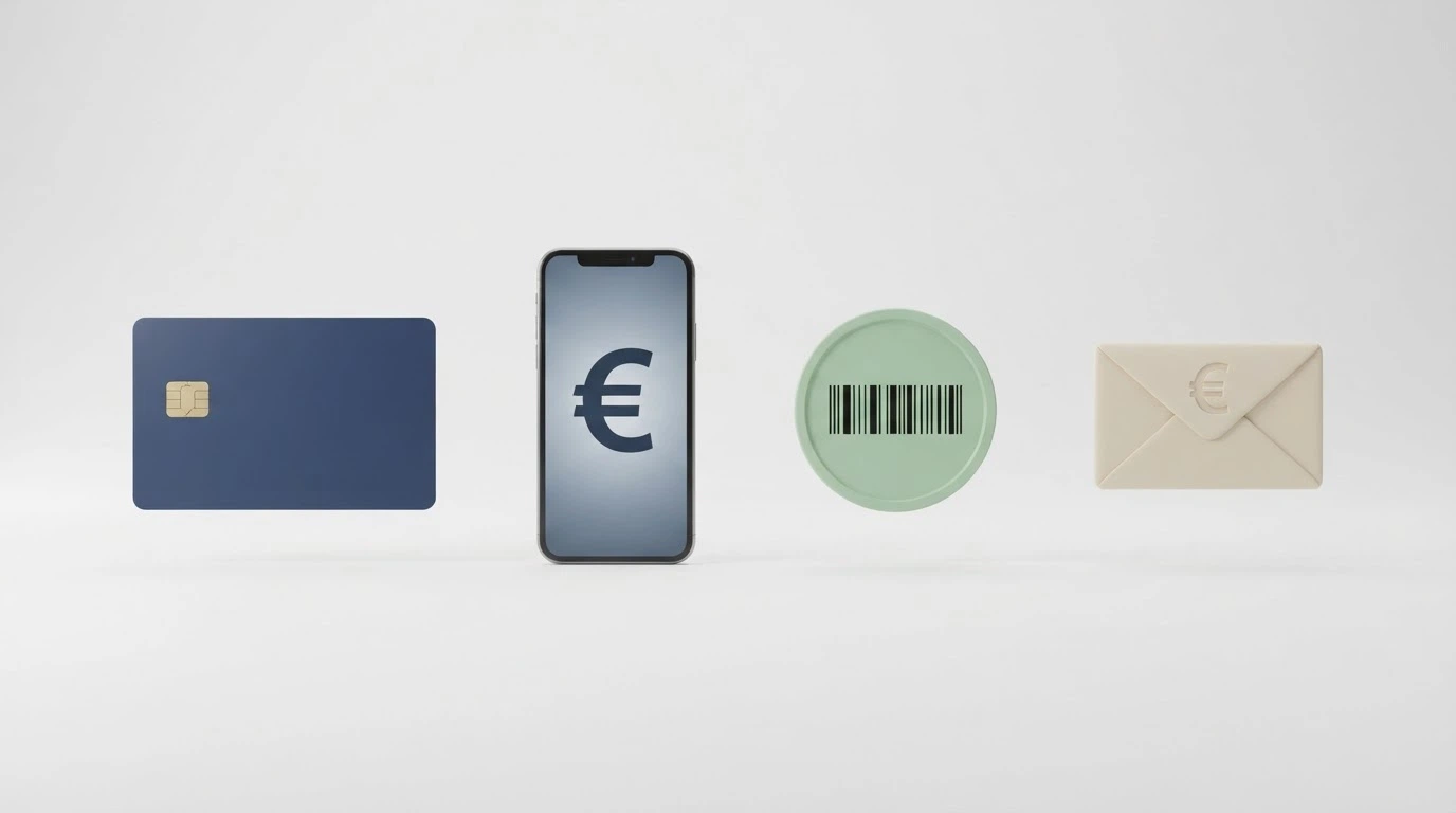 Icône dei metodi di pagamento più diffusi in Italia (PayPal, PostePay, Visa, bonifico) disposte su sfondo bianco pulito