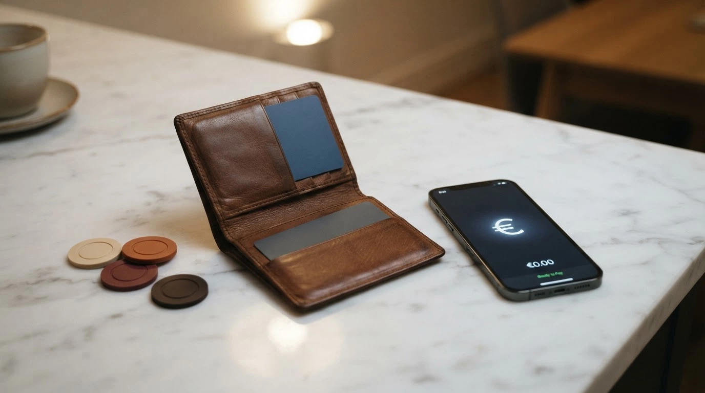 Un portafoglio aperto con carte Visa e Postepay visibili, uno smartphone con il logo PayPal sullo schermo e alcune banconote in euro disposte a ventaglio