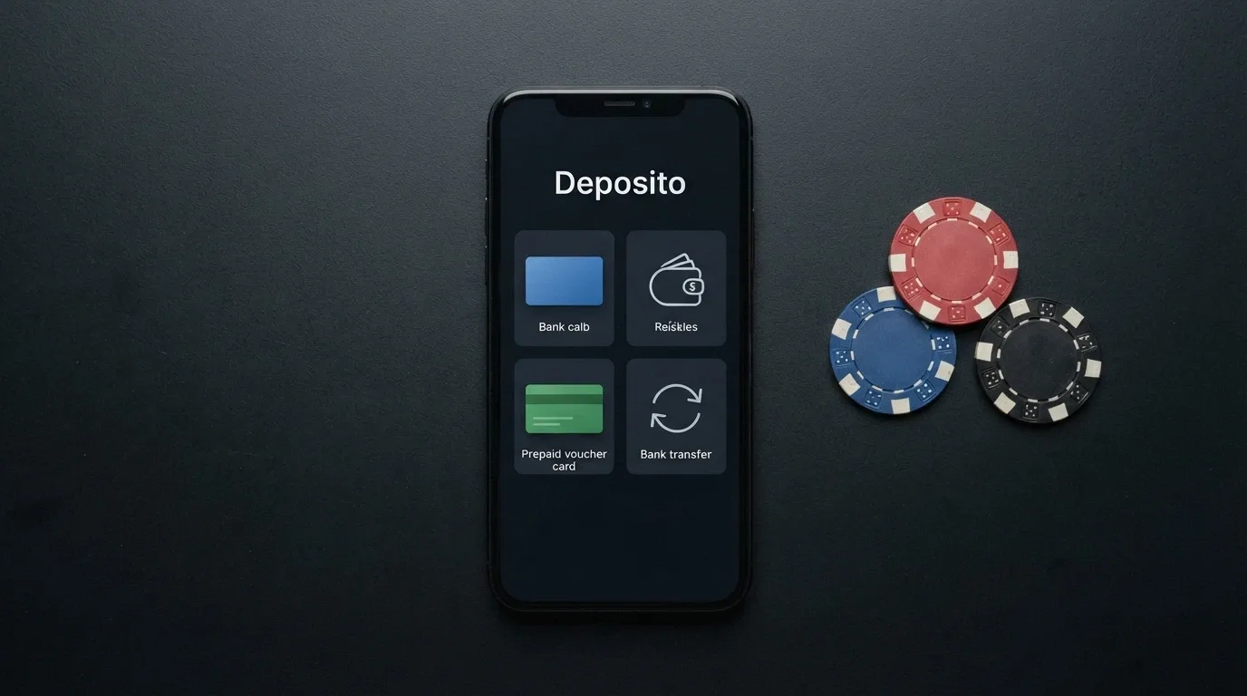Un display di smartphone con una griglia di icone di metodi di pagamento — PayPal, PostePay, Visa, Skrill, Bonifico — affiancate da un carrello virtuale con fiches da casinò