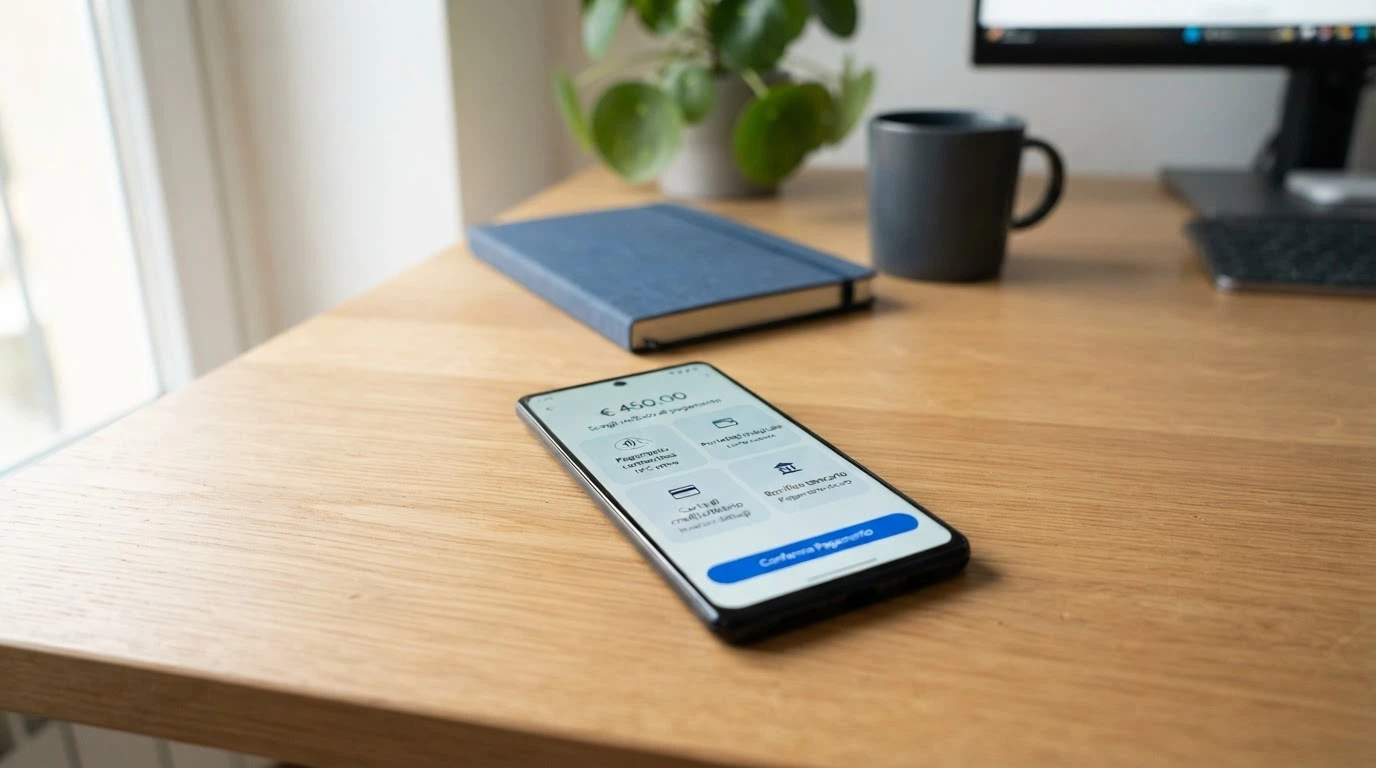iPhone con le icone di Apple Pay, PayPal, carte di credito e bonifico affiancate