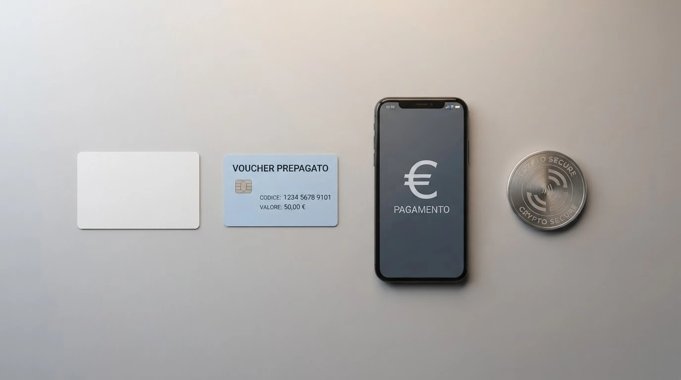 Schermata con icone di metodi di pagamento: carta di credito, portafoglio elettronico, criptovaluta e bonifico