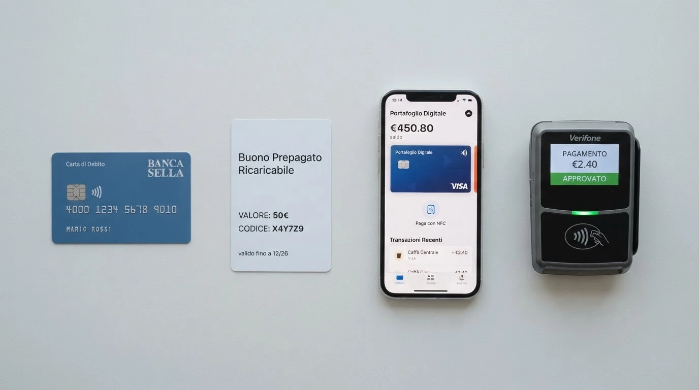 Una selezione di icone di metodi di pagamento — PayPal, Google Pay, PostePay, bonifico bancario — disposte in fila su un piano