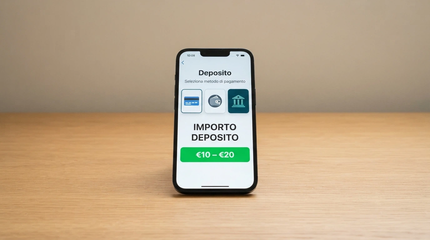 Uno smartphone che mostra una schermata di deposito con diverse opzioni di pagamento (carta, wallet, bonifico)