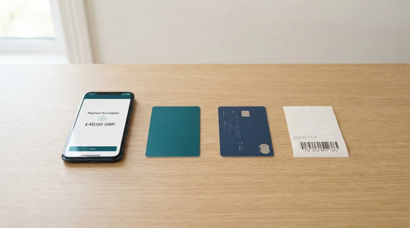 Una scrivania con diversi strumenti di pagamento affiancati: uno smartphone con PayPal aperto, una carta Paysafecard, una carta di credito e un voucher fisico