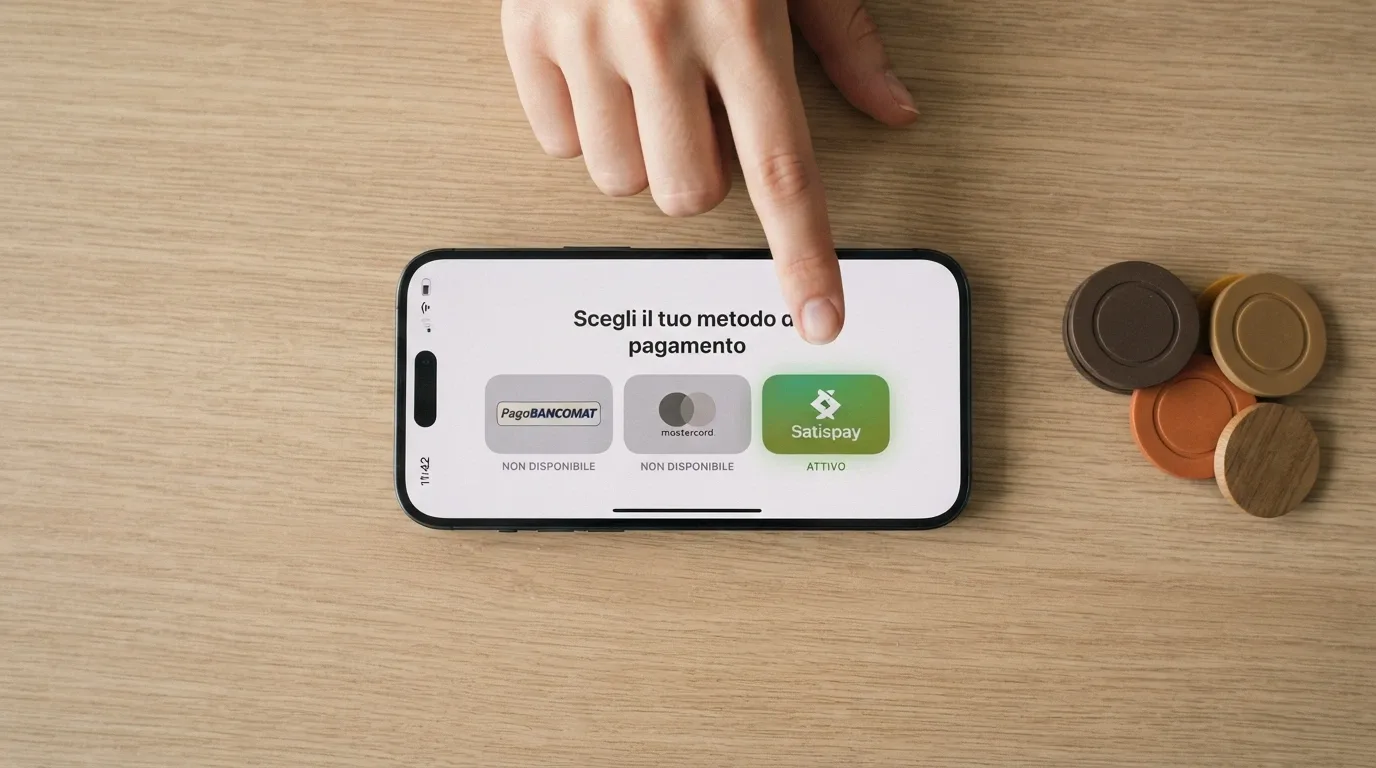 Uno smartphone con le icone di PayPal, Bancomat Pay e Apple Pay — due sono in grigio (non disponibili), una è attiva solo sul lato ADM
