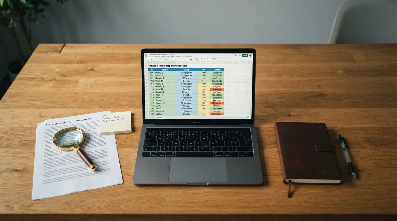 Una scrivania con documenti, una lente di ingrandimento e uno schermo che mostra il registro ADM — gli strumenti della nostra analisi