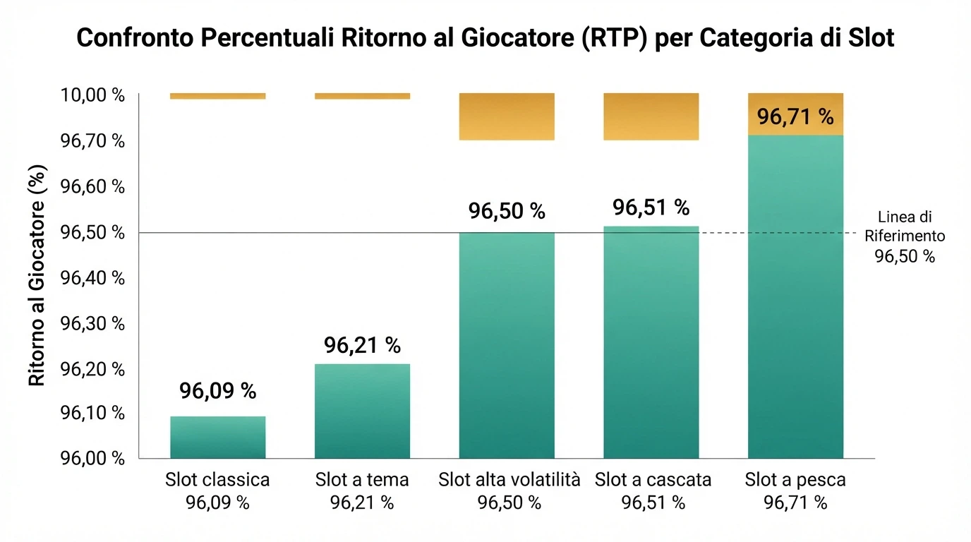 Un grafico comparativo che mostra RTP, volatilità e house edge di diverse categorie di gioco (slot, roulette, blackjack) con valori percentuali