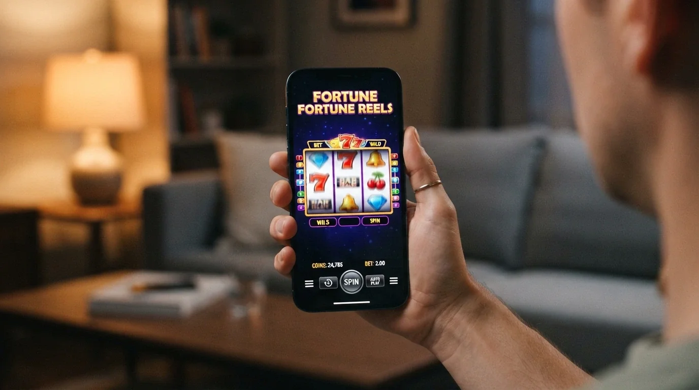 Uno smartphone che mostra una slot machine in esecuzione sull'app di un casinò ADM, con le stesse grafiche della versione desktop