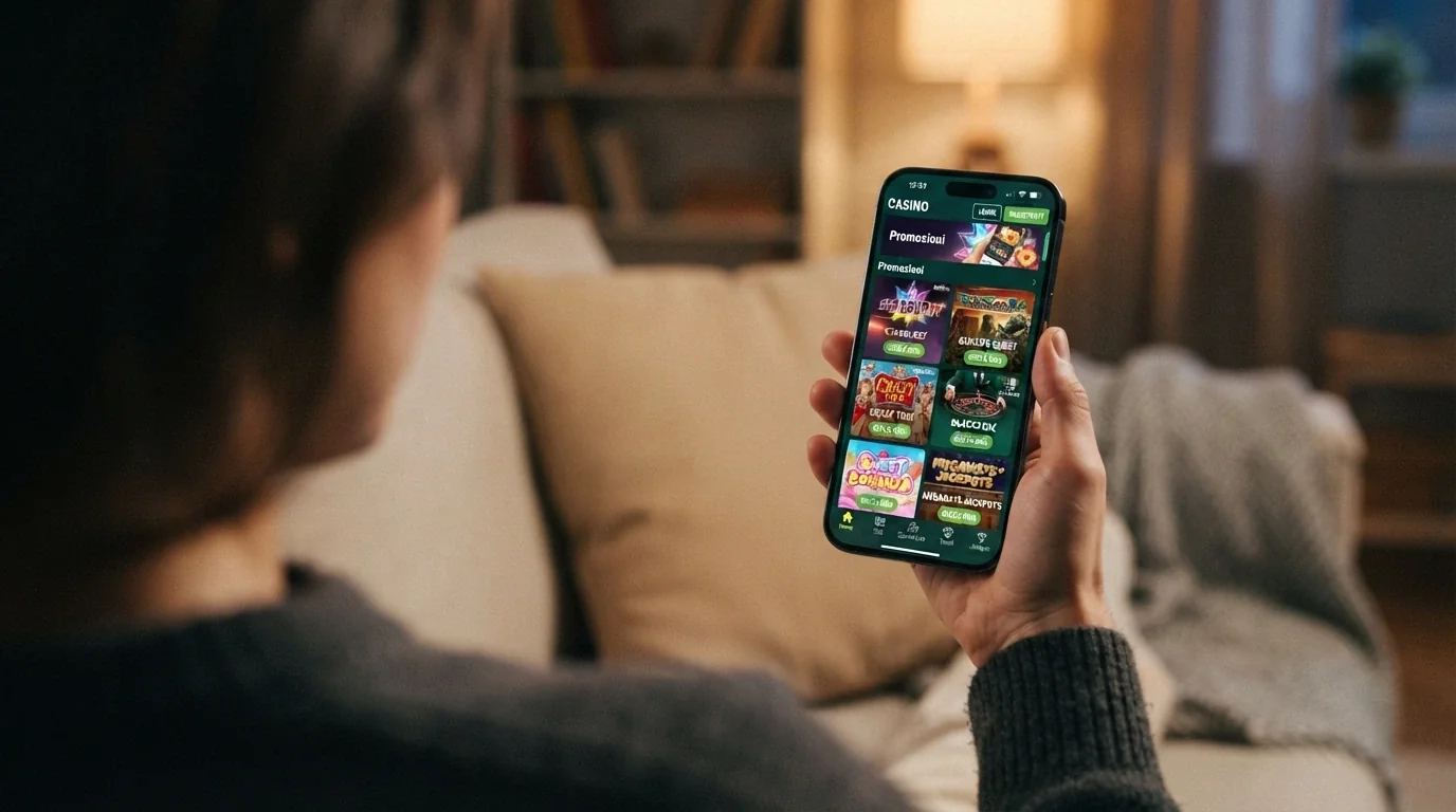 Uno smartphone in mano con l'interfaccia mobile di un casinò e il logo PostePay in sovrimpressione
