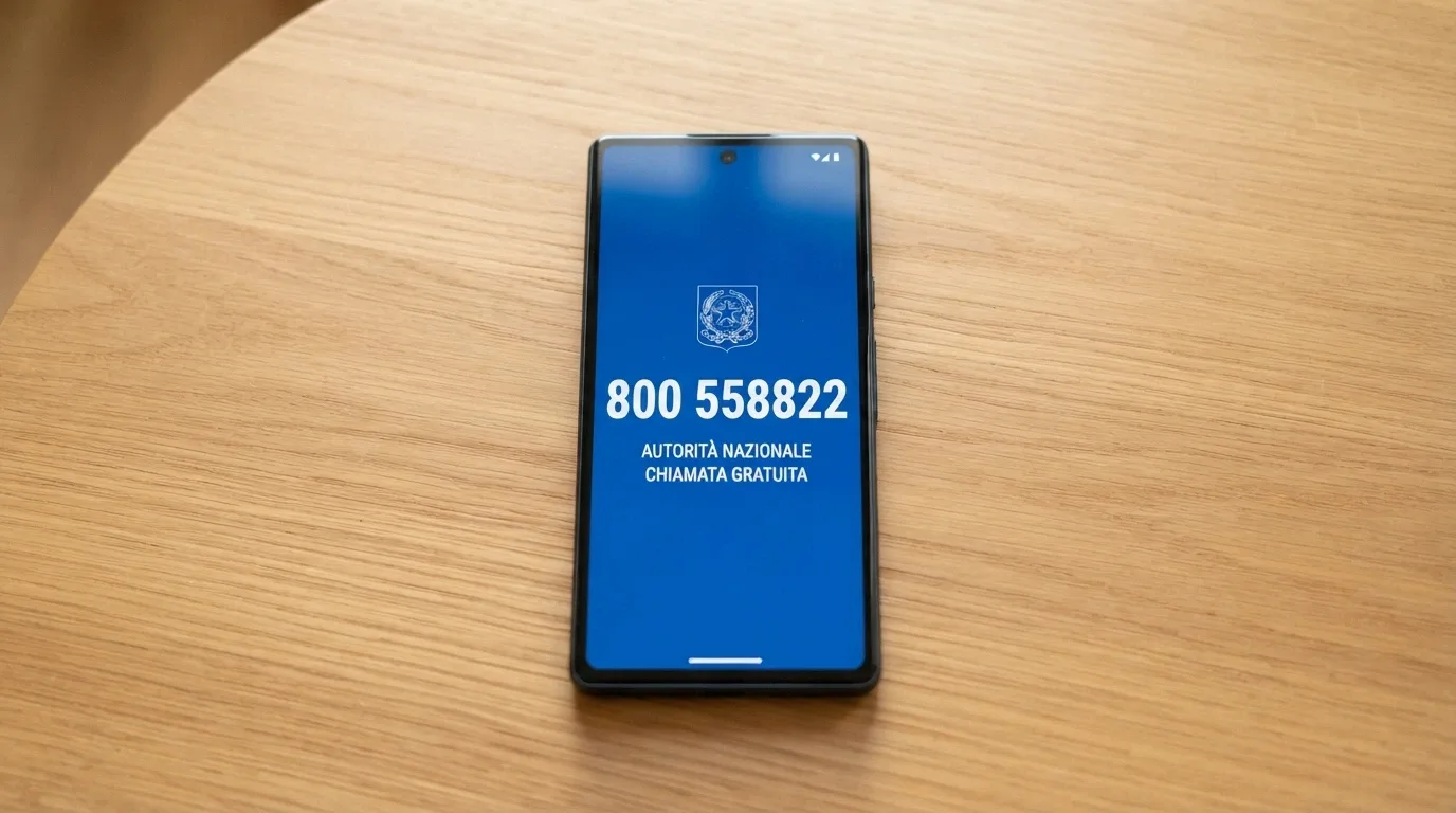 Un telefono con il numero 800 558822 sullo schermo e il logo ADM accanto