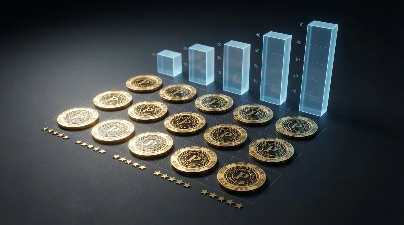 Una griglia comparativa stilizzata con icone di Bitcoin, stelle e grafici a barre, su sfondo scuro