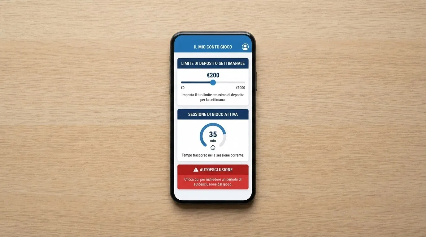 Pannello di controllo di un account giocatore con limiti di deposito, tempo di gioco e autoesclusione