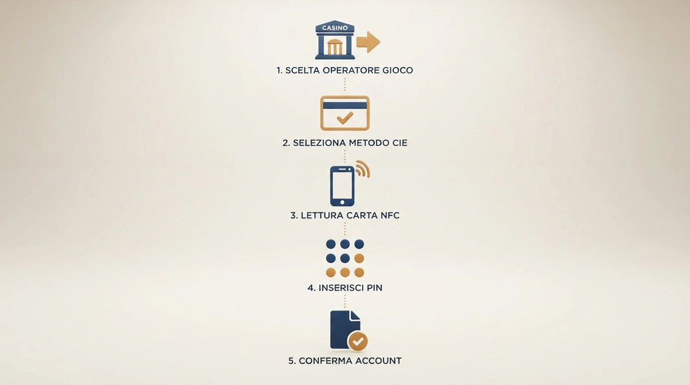 Un'infografica che illustra i 5 passaggi per registrarsi al casinò con CIE: scelta operatore, selezione CIE, avvicinamento NFC, inserimento PIN, conferma