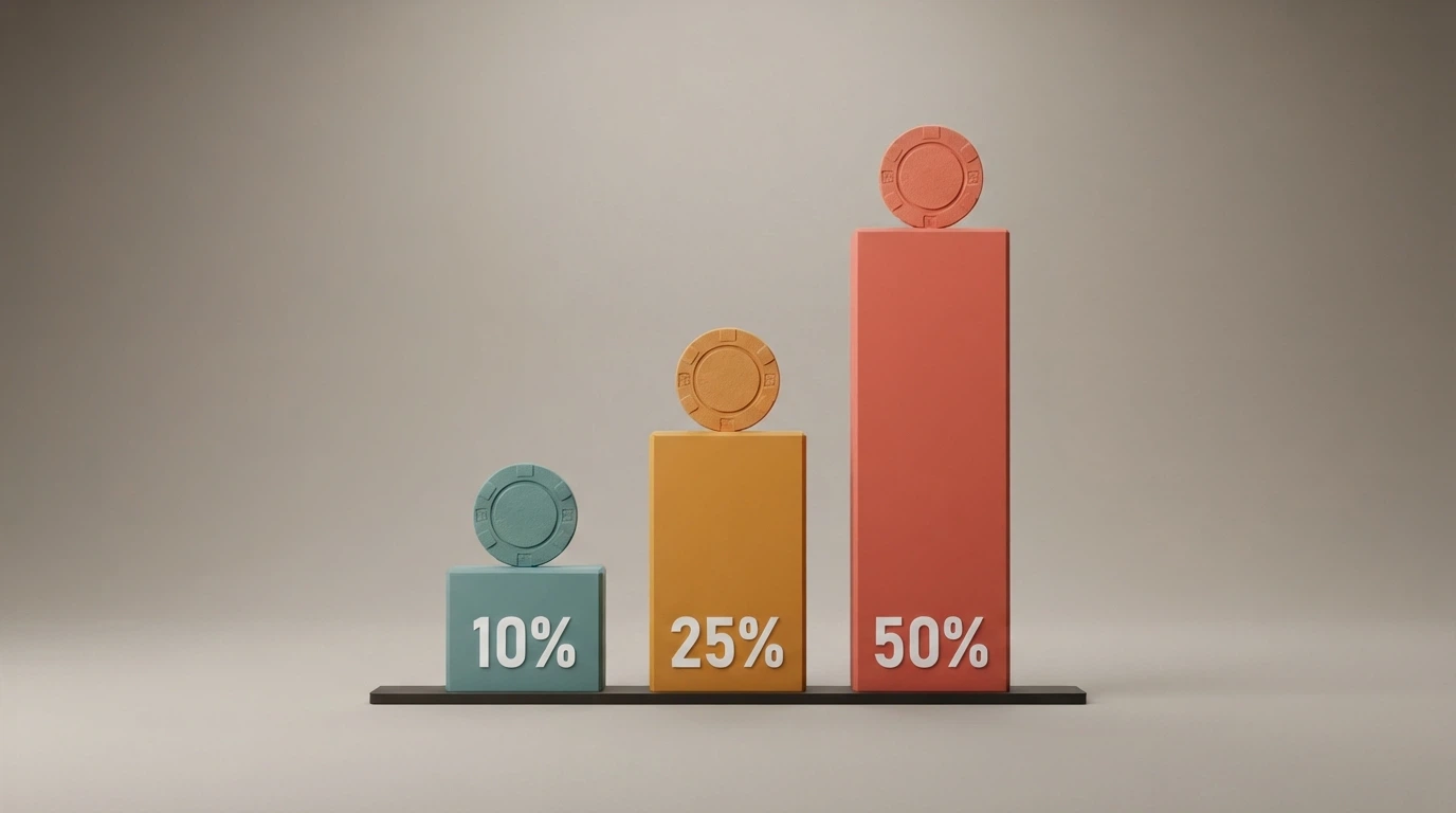 Un grafico a barre stilizzato che confronta diverse percentuali di cashback (10%, 25%, 50%) affiancate da gettoni di valore crescente
