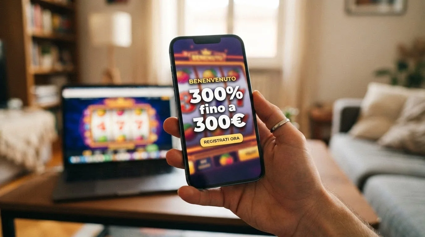 Il logo di PokerStars Casino su sfondo rosso con la dicitura «300% fino a 300€» in evidenza e una slot in secondo piano.