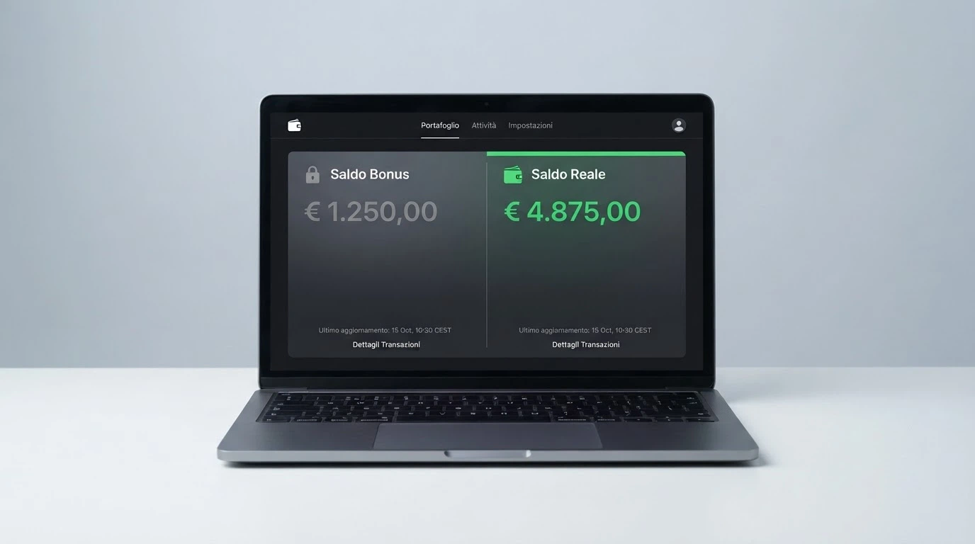 Un'interfaccia di portafoglio di casinò online che mostra due saldi separati: «Saldo Bonus (Fun)» bloccato e «Saldo Reale» disponibile per il prelievo.