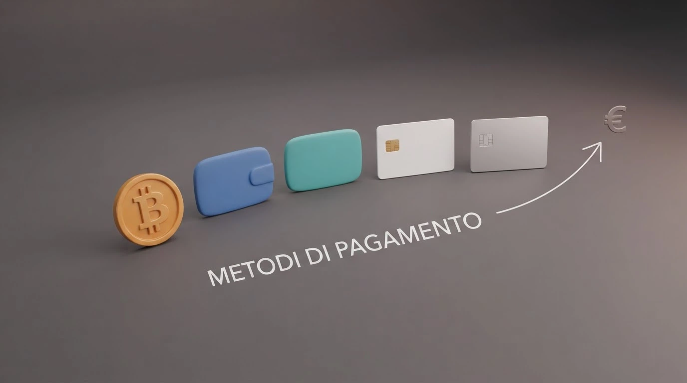Logo di Bitcoin, Skrill, Neteller, Visa e Mastercard allineati accanto alla scritta «Prelievo»