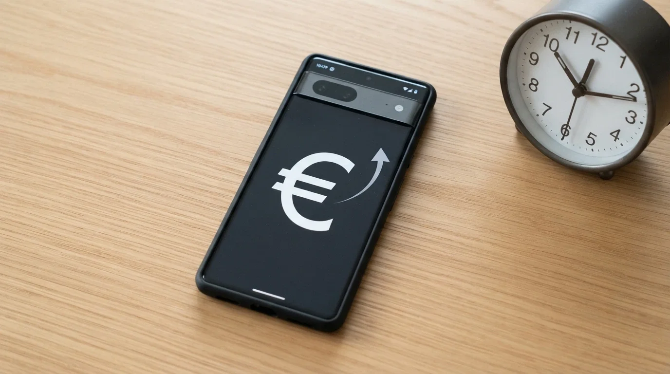 Un orologio digitale accanto a un wallet Bitcoin su uno schermo, con una freccia che indica l'arrivo dei fondi