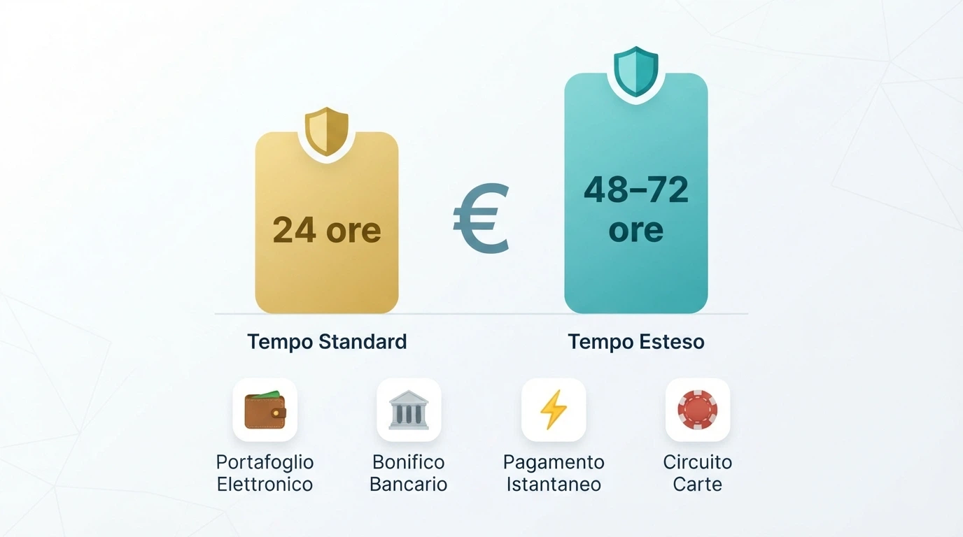 La schermata di prelievo di un casinò online con le opzioni PayPal, bonifico, Skrill e criptovalute, con un orologio che segna 48 ore accanto all'opzione Curaçao e 24 ore accanto a MGA.