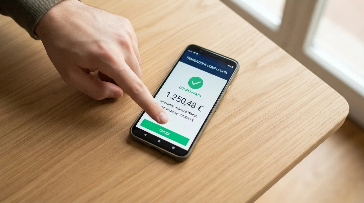 Uno smartphone con wallet Phantom aperto che mostra una transazione in uscita verso un casinò, con il dettaglio della commissione di rete in evidenza