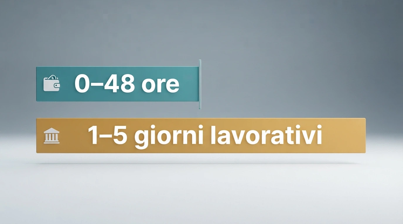 Un confronto visivo dei tempi di prelievo: e-wallet quasi immediati, bonifico fino a 5 giorni