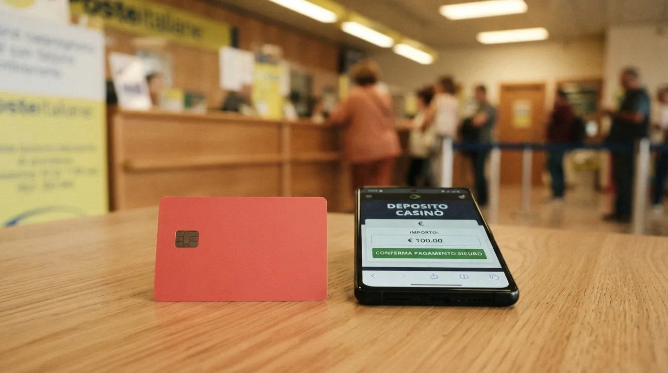 Una carta PostePay accanto alla schermata di deposito di un casinò online italiano