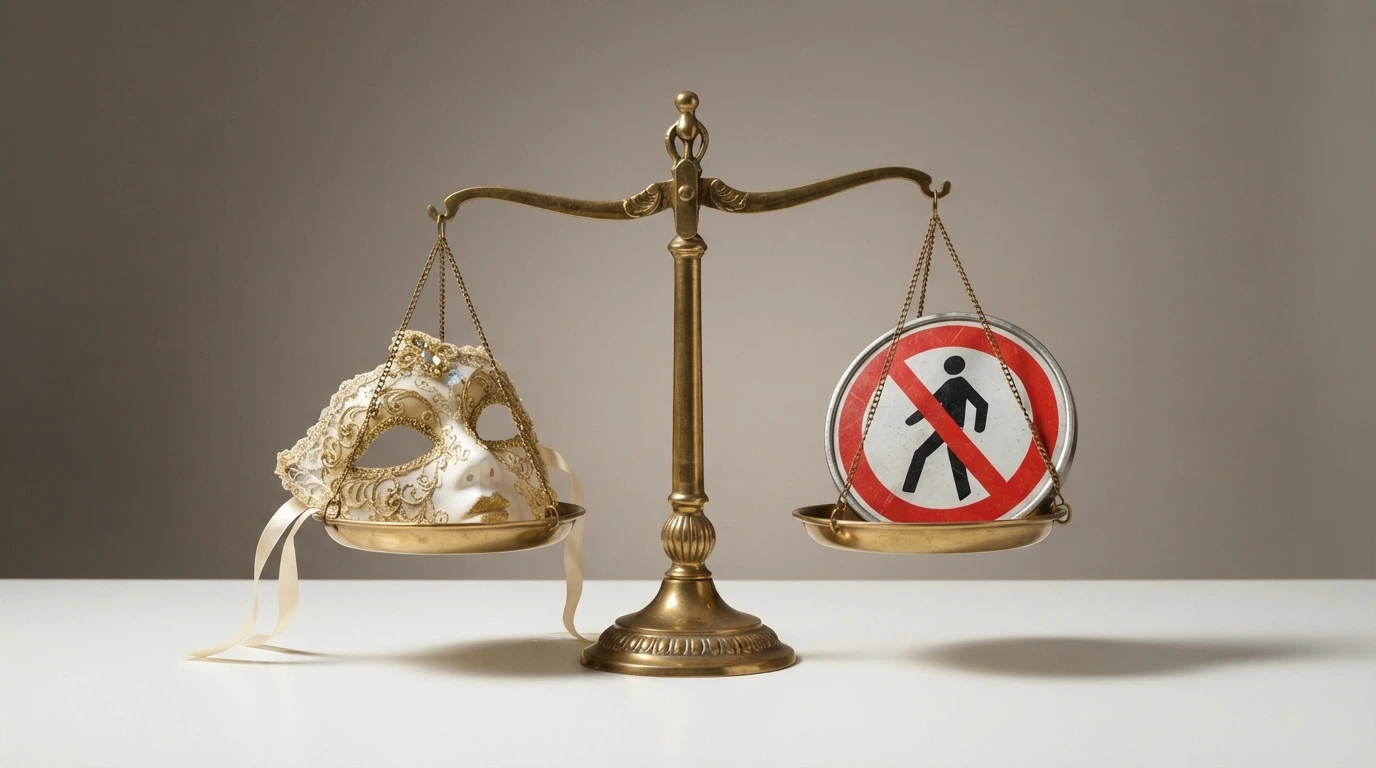 Bilancia a due piatti: su un piatto una maschera (privacy), sull'altro uno scudo barrato (nessuna protezione legale)