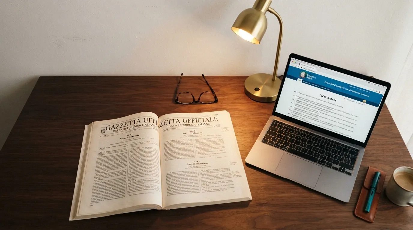 Una scrivania con il testo della Gazzetta Ufficiale aperto sul D.lgs. 41/2024, accanto al monitor che mostra il portale ADM con l'elenco dei concessionari