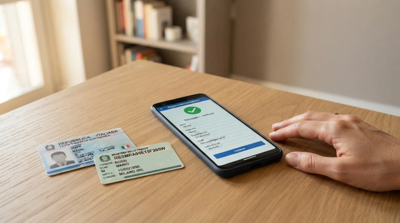 Un telefono con a fianco un documento d'identità e il codice fiscale, sullo schermo un form di registrazione di un casinò online in italiano