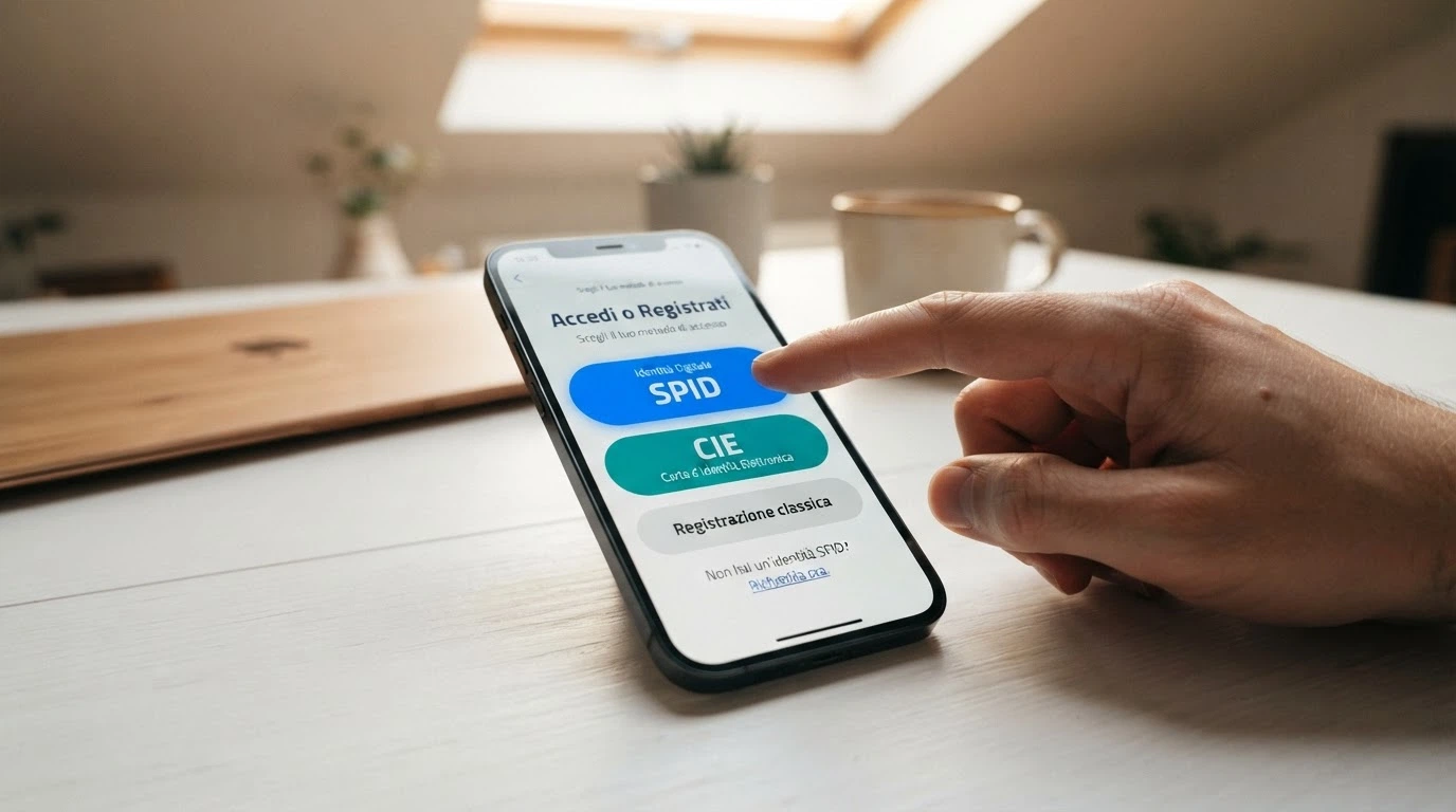Schermata di registrazione a un casinò online con pulsanti SPID, CIE e registrazione classica