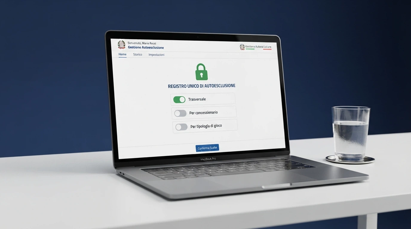 Il portale ADM con l'interfaccia del Registro Unico Autoesclusi e le tre opzioni di esclusione visibili