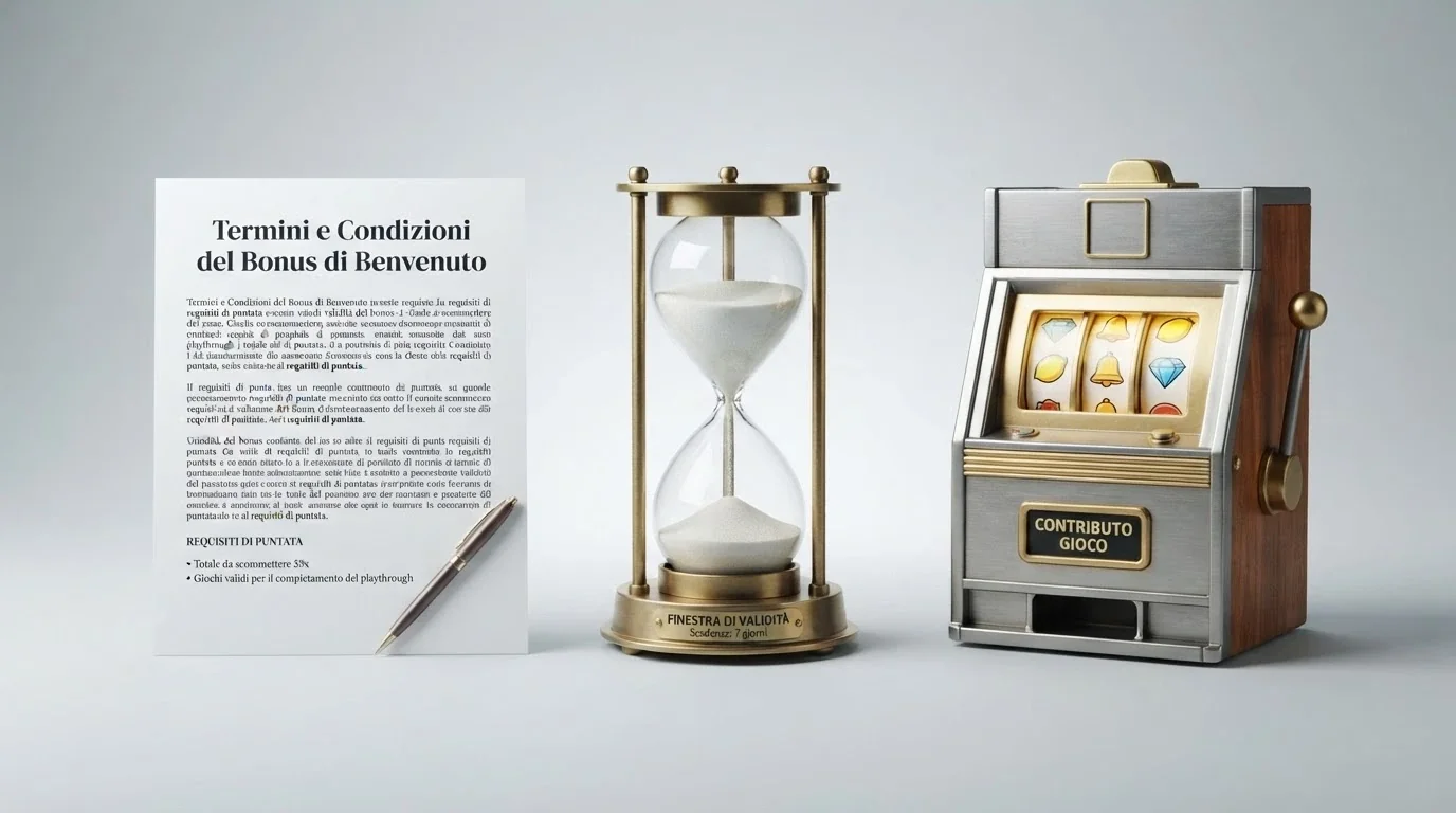Un contratto stilizzato con una penna, una clessidra e una slot machine in fila su uno sfondo neutro