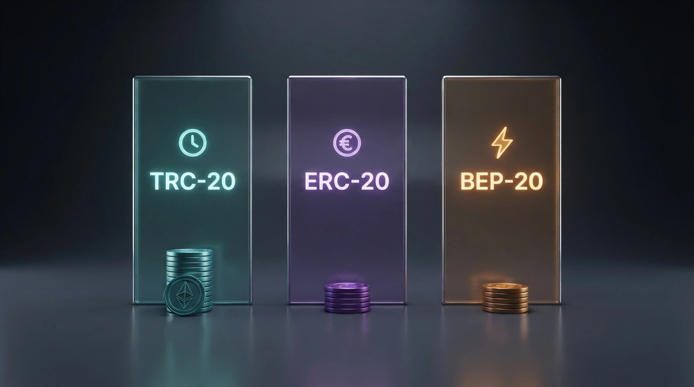Uno schema che mette a confronto le tre reti blockchain TRC20, ERC20 e BEP20 con icone di commissioni, orologio e copertura